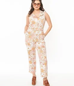 Unique Vintage Rompers & Jumpsuits>Apricot Floral Belted Jumpsuit