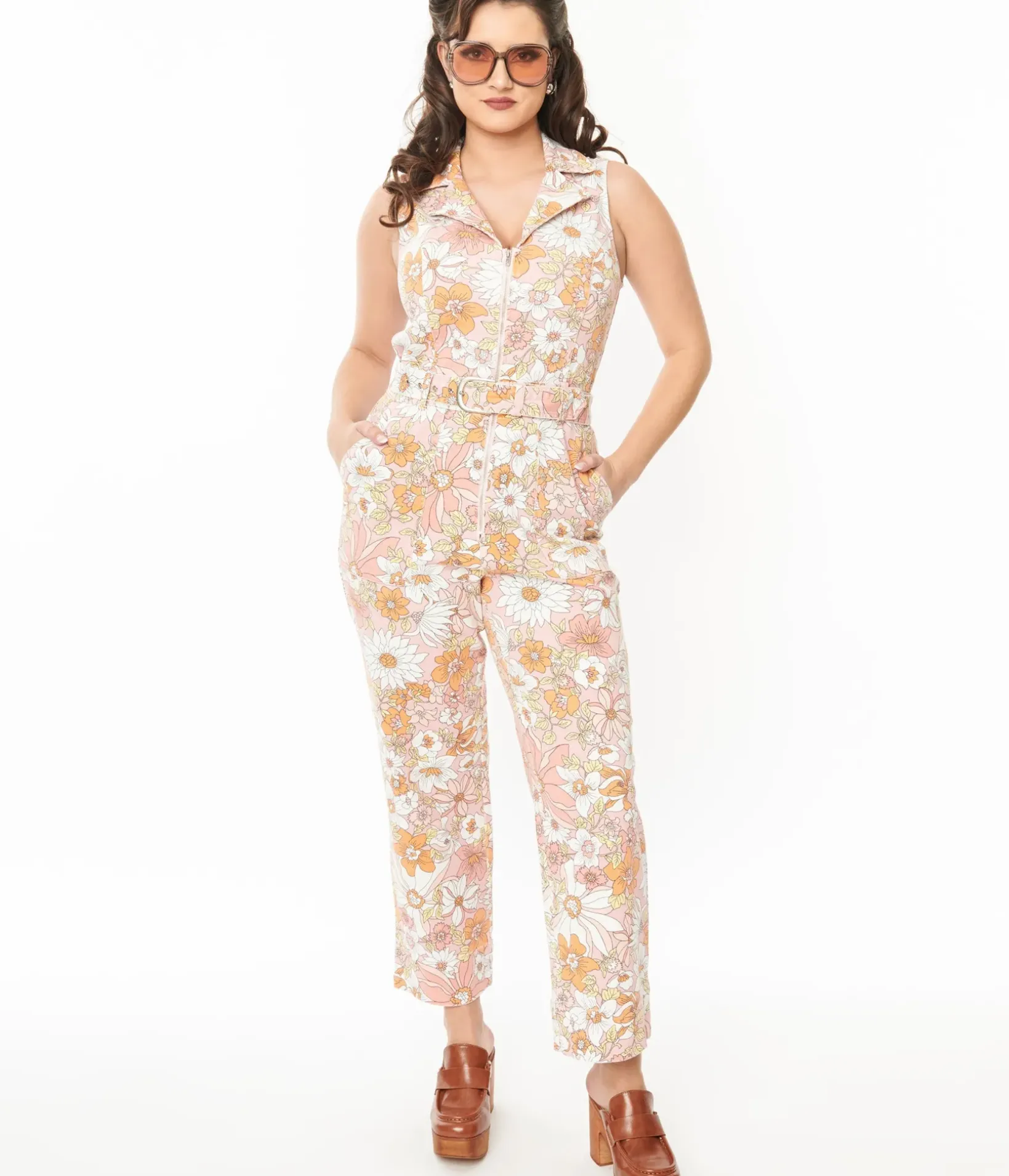 Unique Vintage Rompers & Jumpsuits>Apricot Floral Belted Jumpsuit
