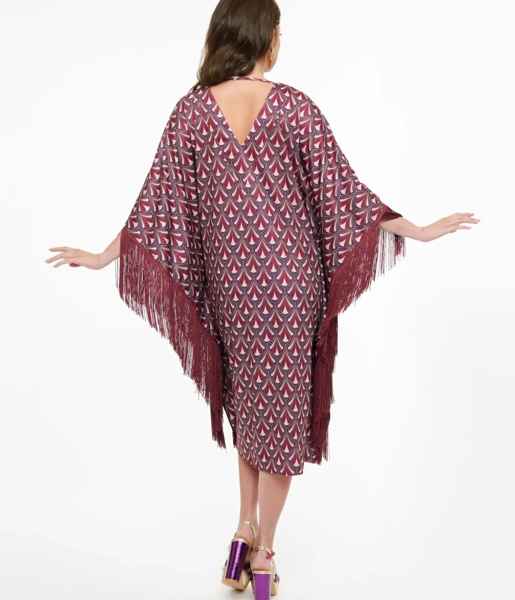 Unique Vintage Maxi|Caftans>Audrey K Purple Art Deco Fringe Love Is A Drug Caftan