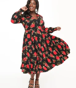 Unique Vintage Midi|Pocket Dresses>Banned Plus Size 1940s Black & Red Pomegranate Midi Dress