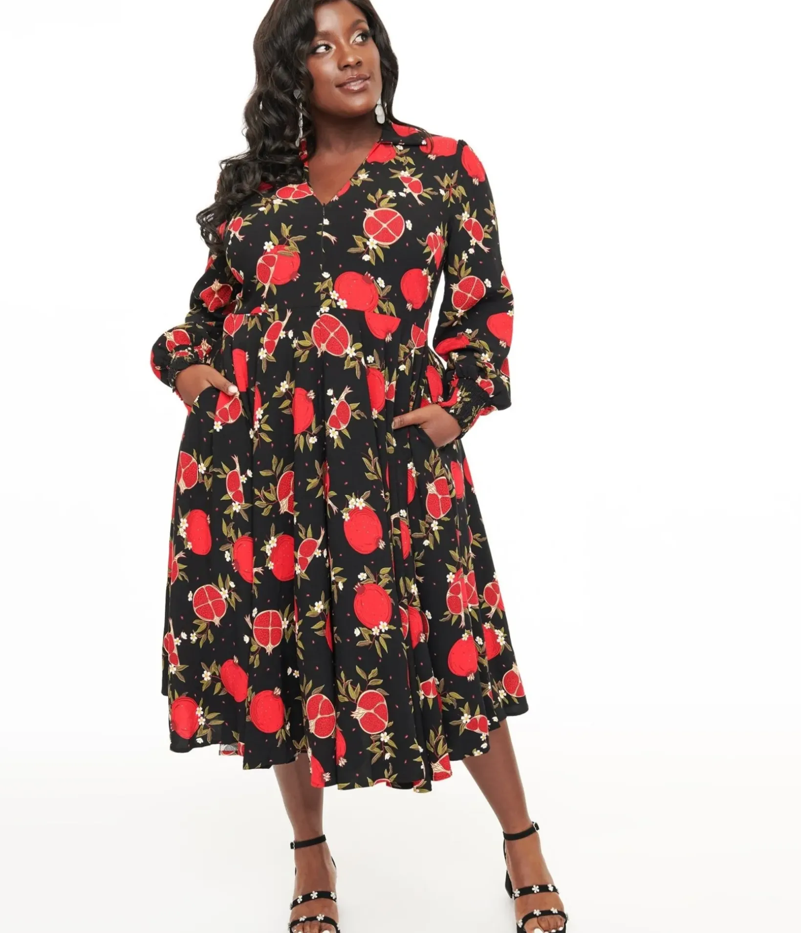 Unique Vintage Midi|Pocket Dresses>Banned Plus Size 1940s Black & Red Pomegranate Midi Dress