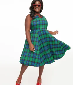 Unique Vintage Swing|Pocket Dresses>Banned Plus Size 1950s Green & Blue Winter Check Swing Dress