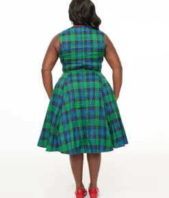 Unique Vintage Swing|Pocket Dresses>Banned Plus Size 1950s Green & Blue Winter Check Swing Dress