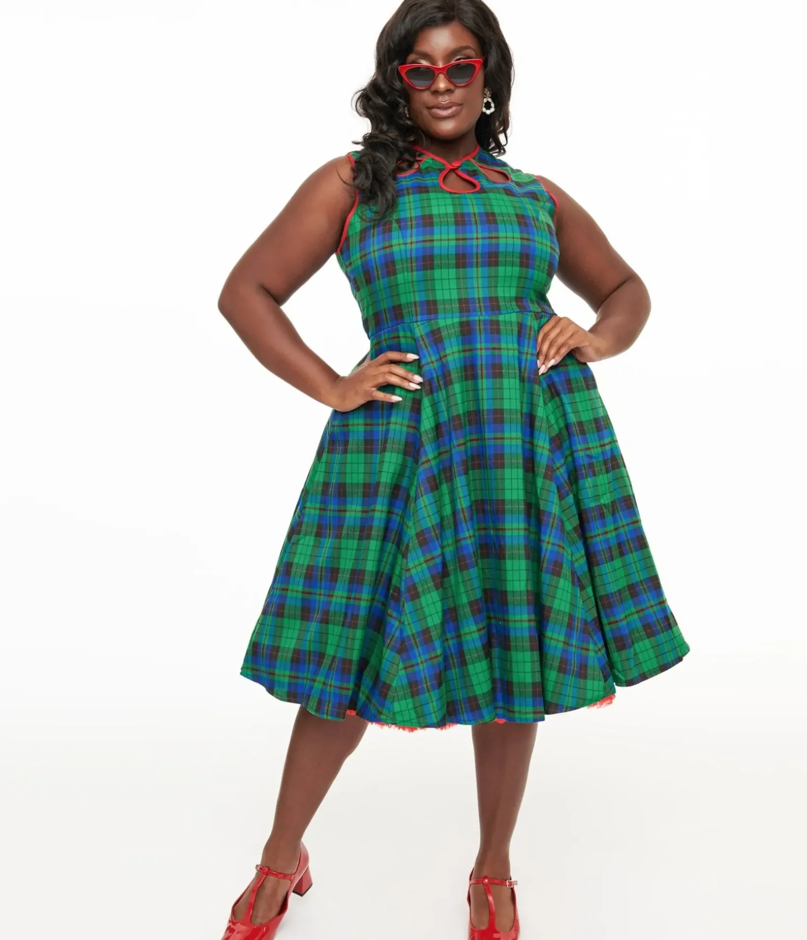 Unique Vintage Swing|Pocket Dresses>Banned Plus Size 1950s Green & Blue Winter Check Swing Dress