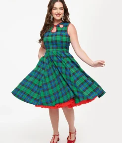Unique Vintage Swing|Pocket Dresses>Banned 1950s Green & Blue Winter Check Swing Dress