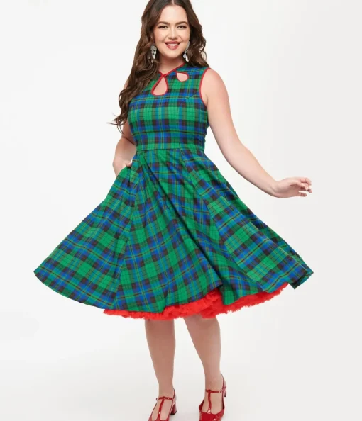Unique Vintage Swing|Pocket Dresses>Banned 1950s Green & Blue Winter Check Swing Dress