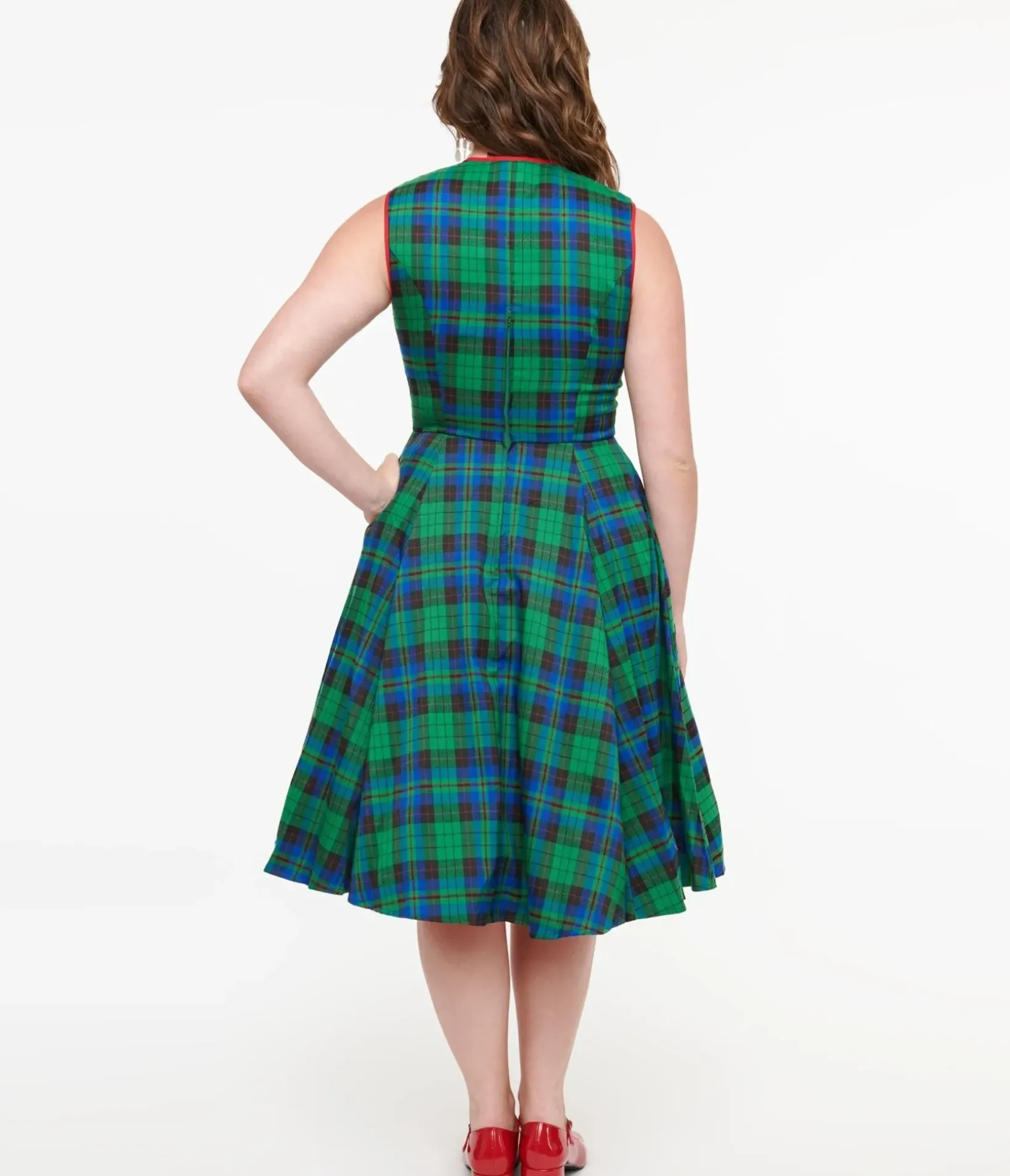 Unique Vintage Swing|Pocket Dresses>Banned 1950s Green & Blue Winter Check Swing Dress