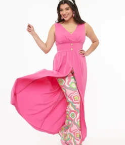 Unique Vintage Pants|All Things Pink>Barbie x Smak Parlour 1970s Pink & Green Floral Evening In Flare Pants