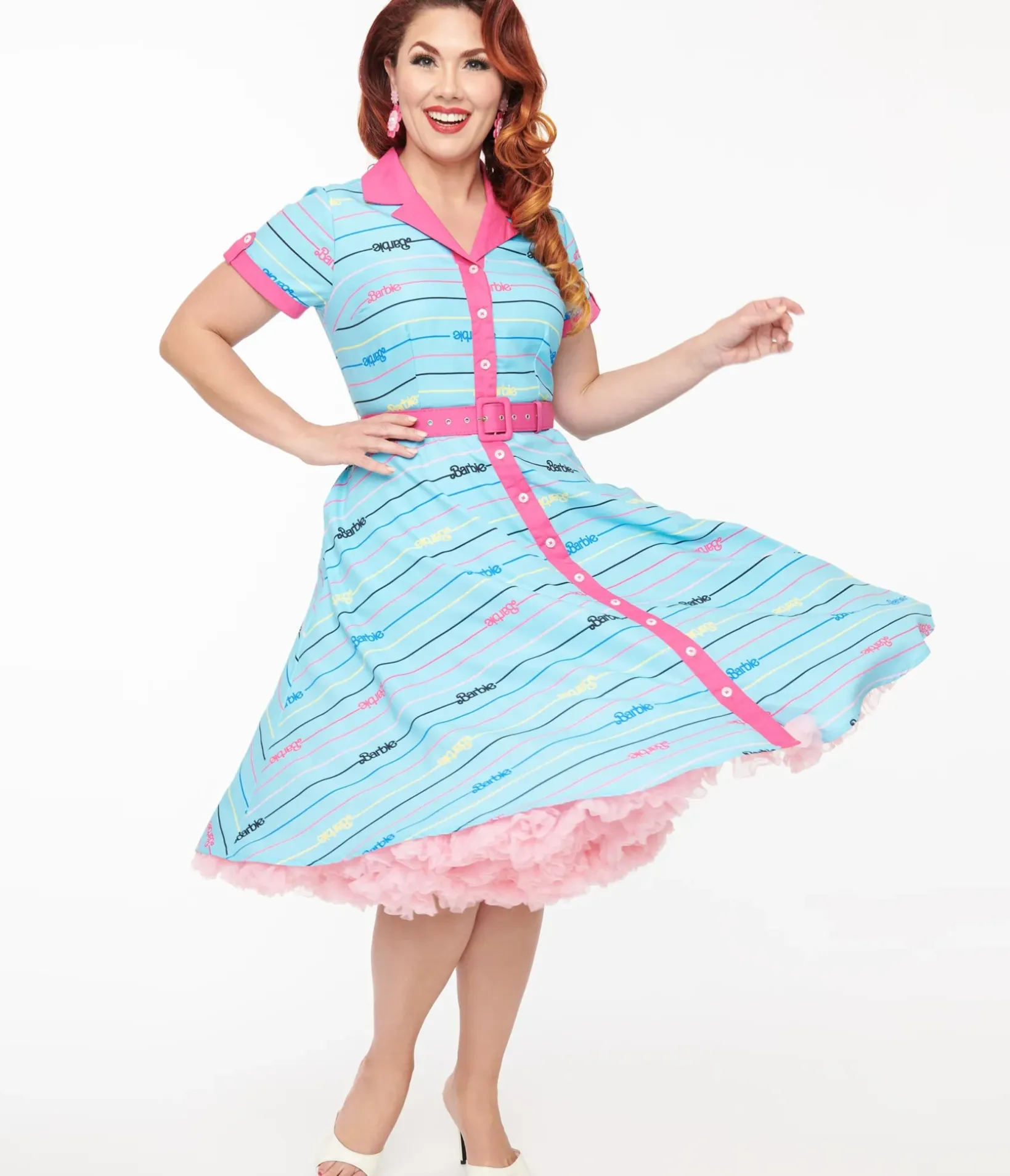 Unique Vintage Everyday Dresses>Barbie x Blue Barbie Print Shirt Dress
