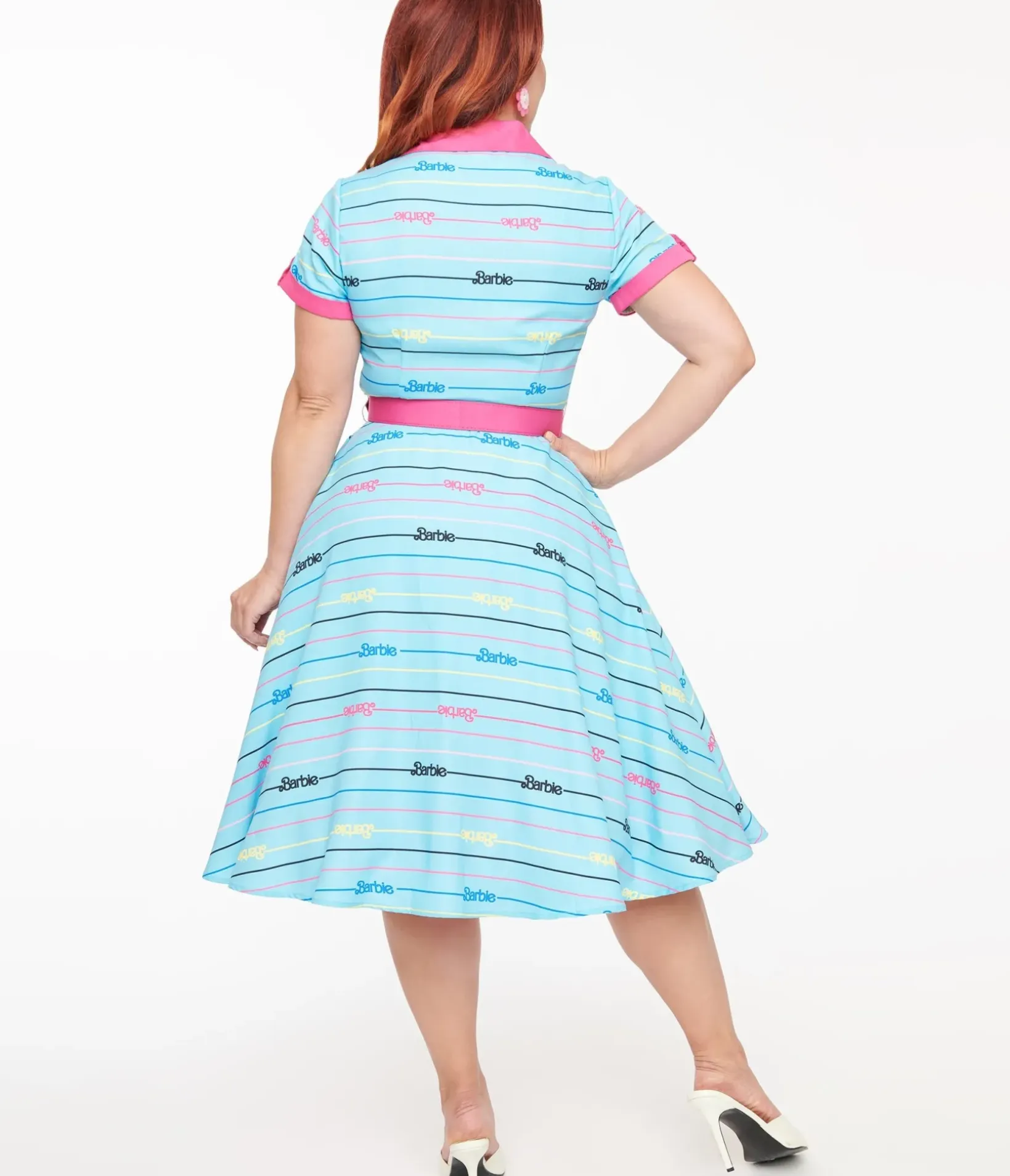 Unique Vintage Everyday Dresses>Barbie x Blue Barbie Print Shirt Dress