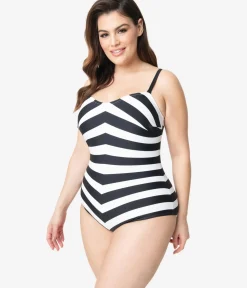 Unique Vintage One Piece Swim|One Piece Swim>Barbieª x Plus Size Black & White Chevron Stripe One Piece Bathing Suit