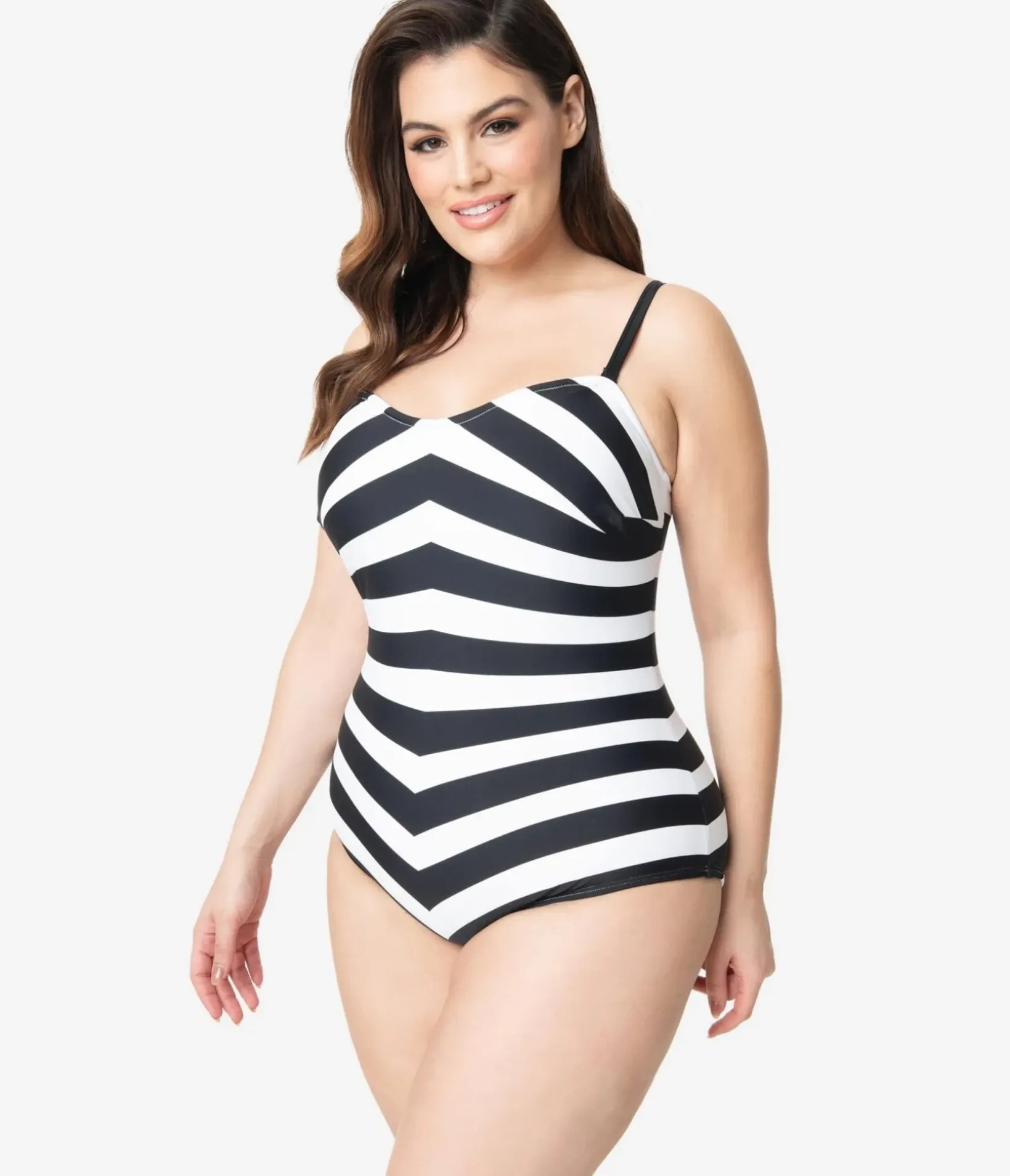 Unique Vintage One Piece Swim|One Piece Swim>Barbieª x Plus Size Black & White Chevron Stripe One Piece Bathing Suit