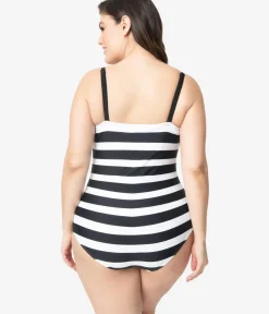 Unique Vintage One Piece Swim|One Piece Swim>Barbieª x Plus Size Black & White Chevron Stripe One Piece Bathing Suit