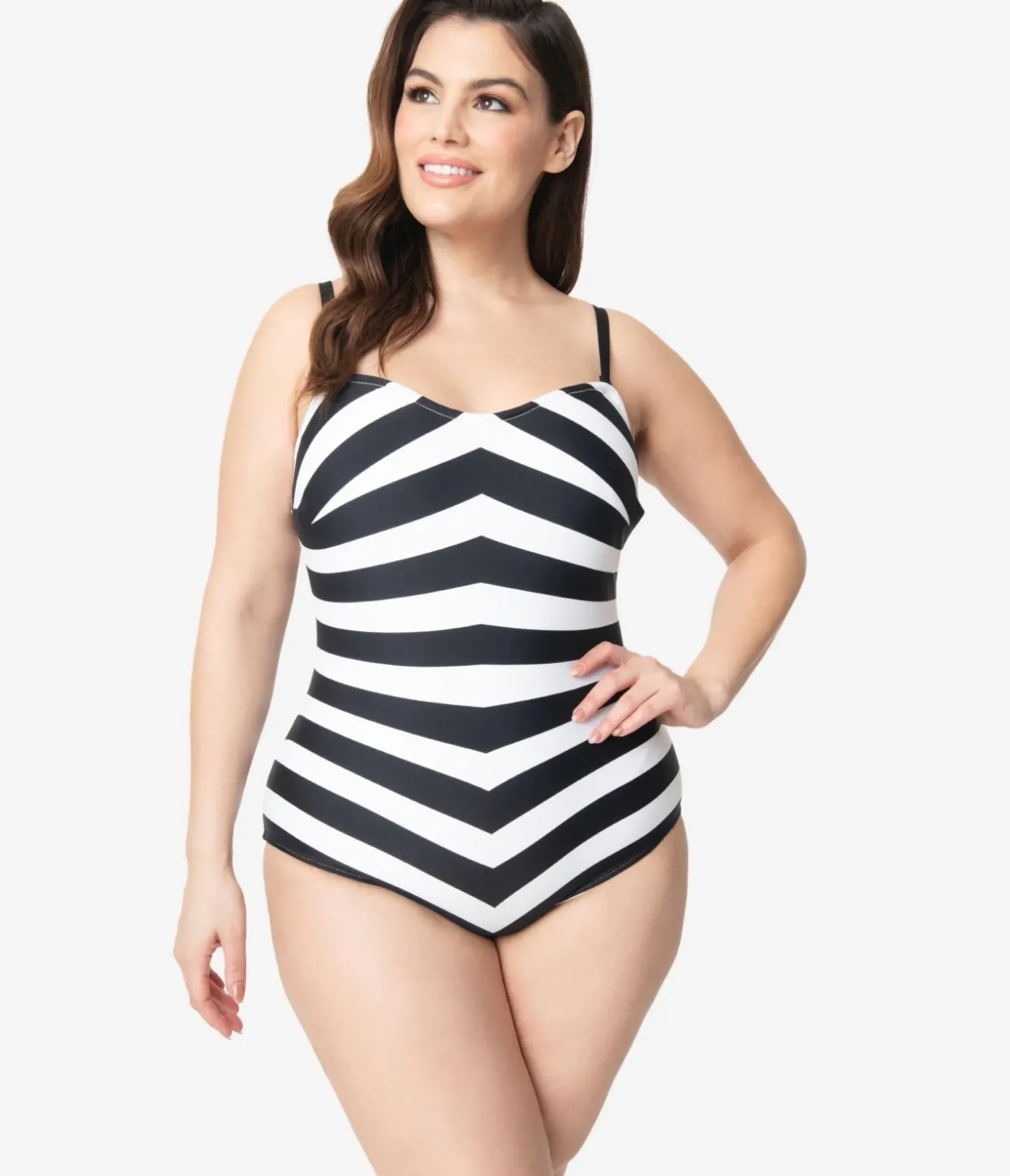 Unique Vintage One Piece Swim|One Piece Swim>Barbieª x Plus Size Black & White Chevron Stripe One Piece Bathing Suit