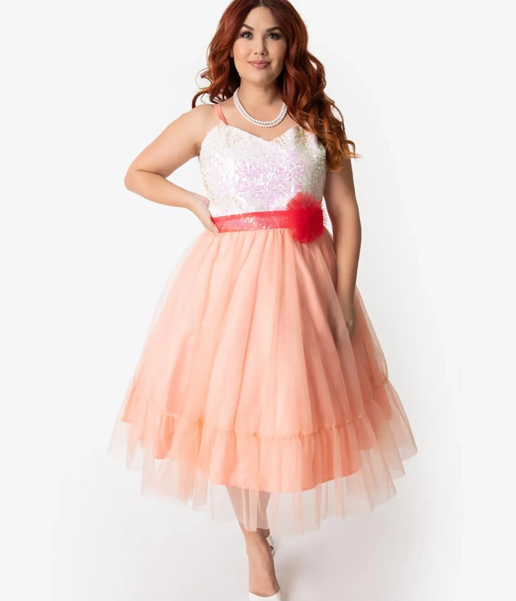 Unique Vintage Swing|Swing>Barbie™ x Plus Size Peaches N Cream Chiffon Dress