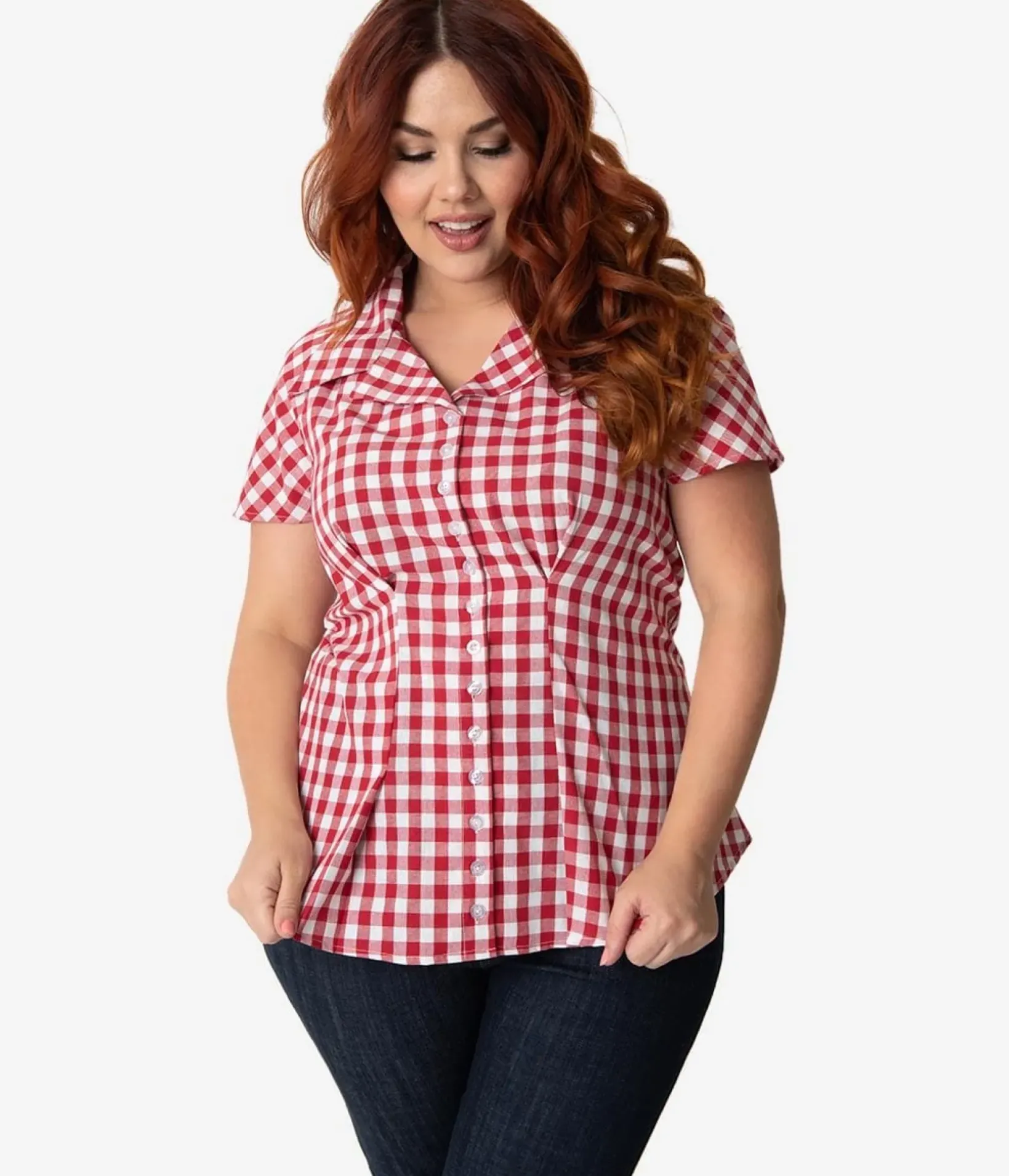 Unique Vintage All Things Red>Barbie x Plus Size Red & White Gingham Woven Picnic Blouse