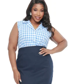 Unique Vintage Blouses|Blouses>Barbie x Plus Size 1950s Blue & White Gingham Commuter Set Collar Blouse