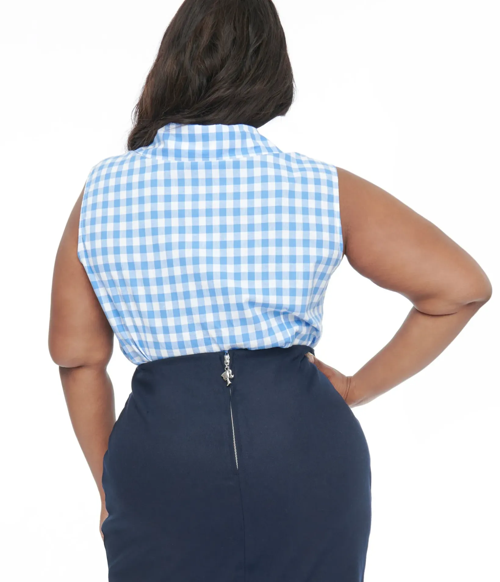 Unique Vintage Blouses|Blouses>Barbie x Plus Size 1950s Blue & White Gingham Commuter Set Collar Blouse