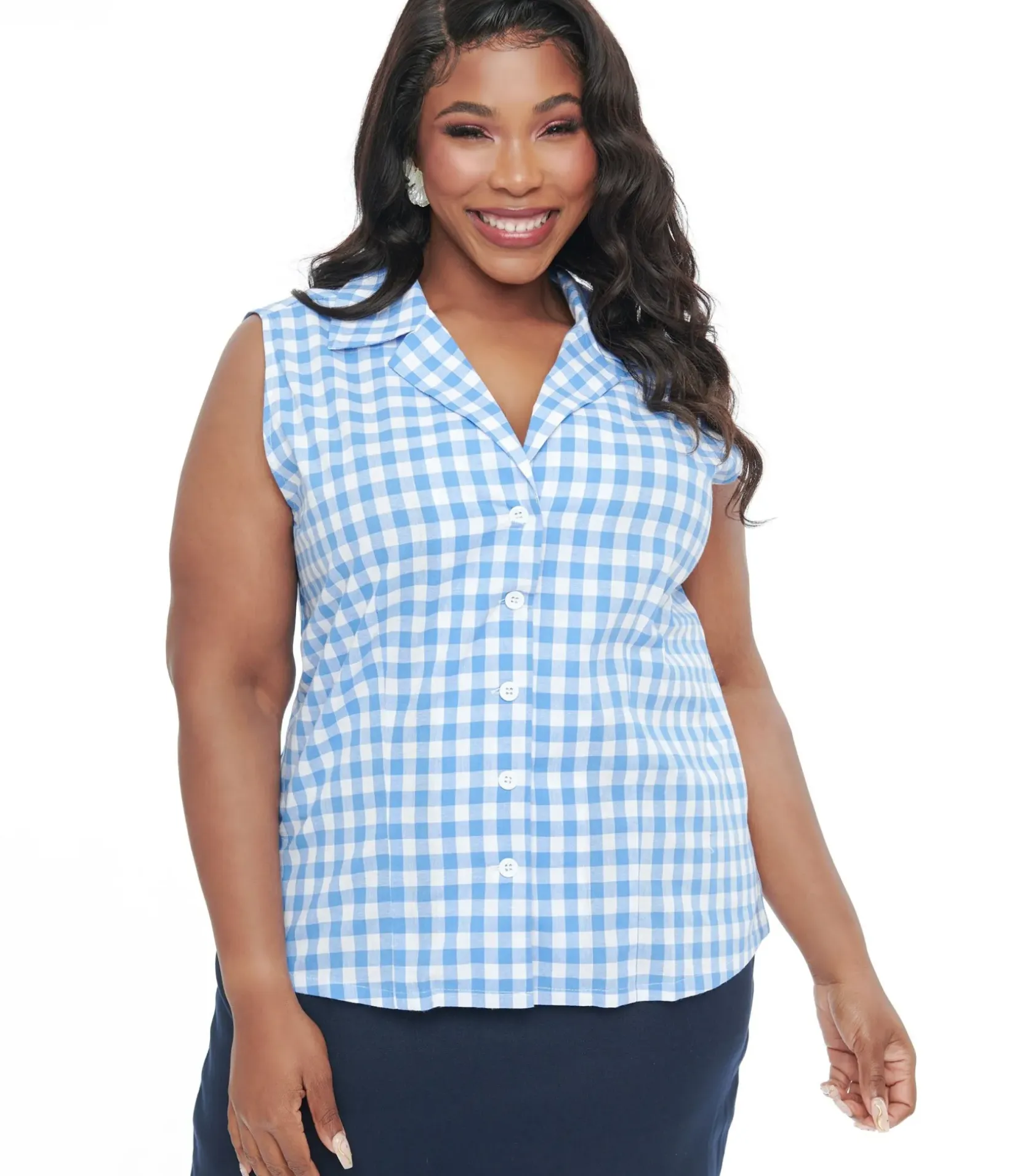 Unique Vintage Blouses|Blouses>Barbie x Plus Size 1950s Blue & White Gingham Commuter Set Collar Blouse