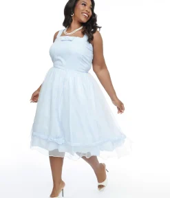 Unique Vintage Swing|Swing>Barbie x Plus Size 1960s Blue & White Stripe Movie Date Swing Dress