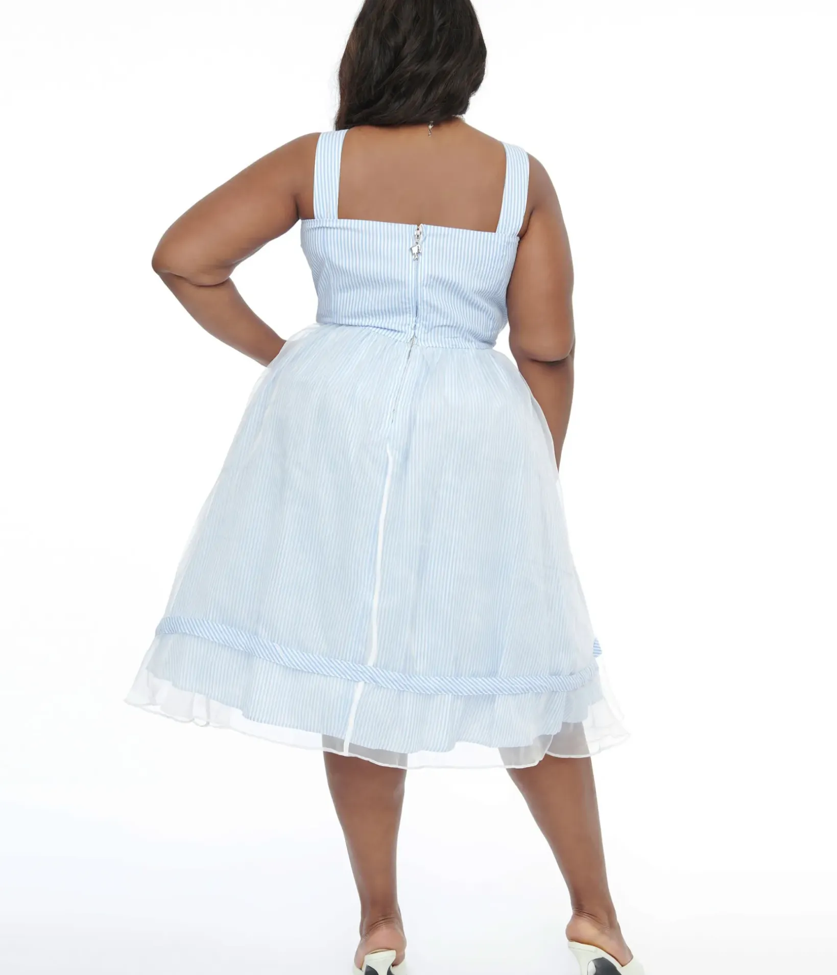 Unique Vintage Swing|Swing>Barbie x Plus Size 1960s Blue & White Stripe Movie Date Swing Dress