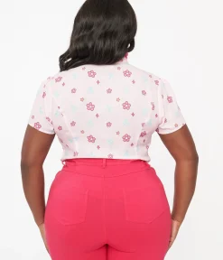 Unique Vintage Blouses|Blouses>Barbie x Plus Size 1970s Pink Barbie Floral Print Bow Blouse