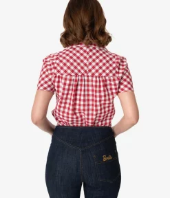 Unique Vintage All Things Red>Barbie x Red & White Gingham Woven Picnic Blouse