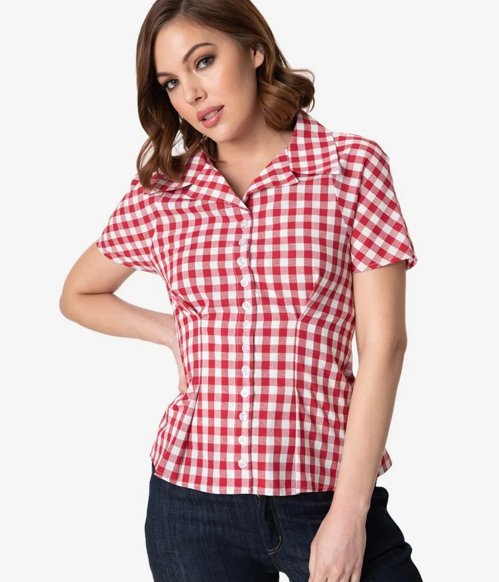 Unique Vintage All Things Red>Barbie x Red & White Gingham Woven Picnic Blouse