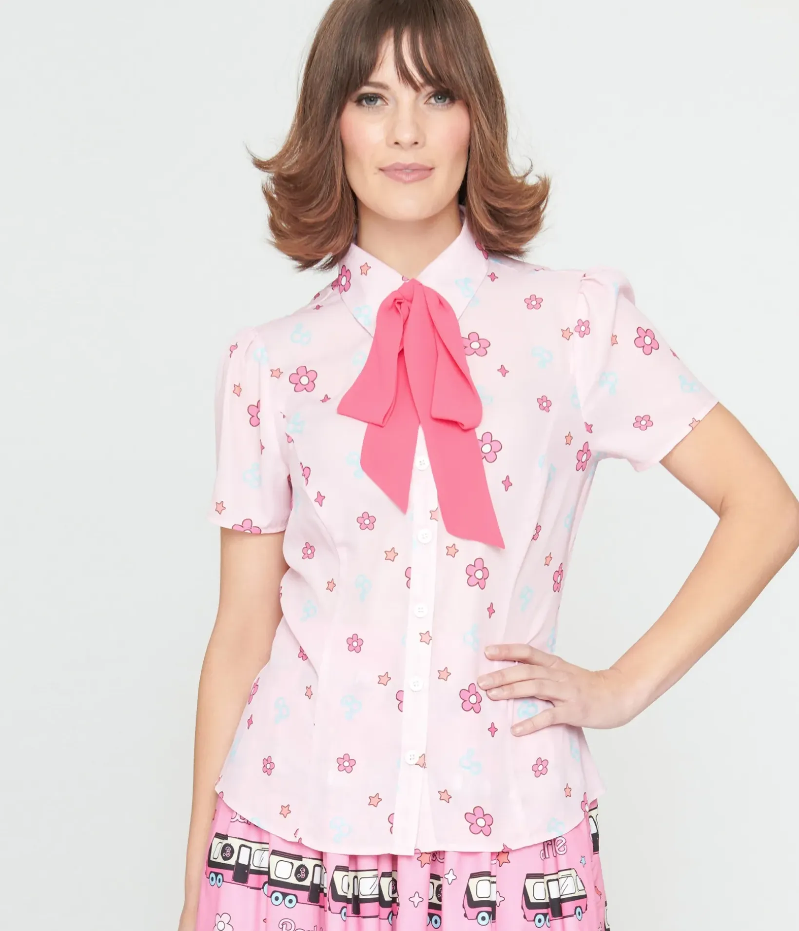 Unique Vintage Blouses|All Things Pink>Barbie x 1970s Pink Barbie Floral Print Bow Blouse