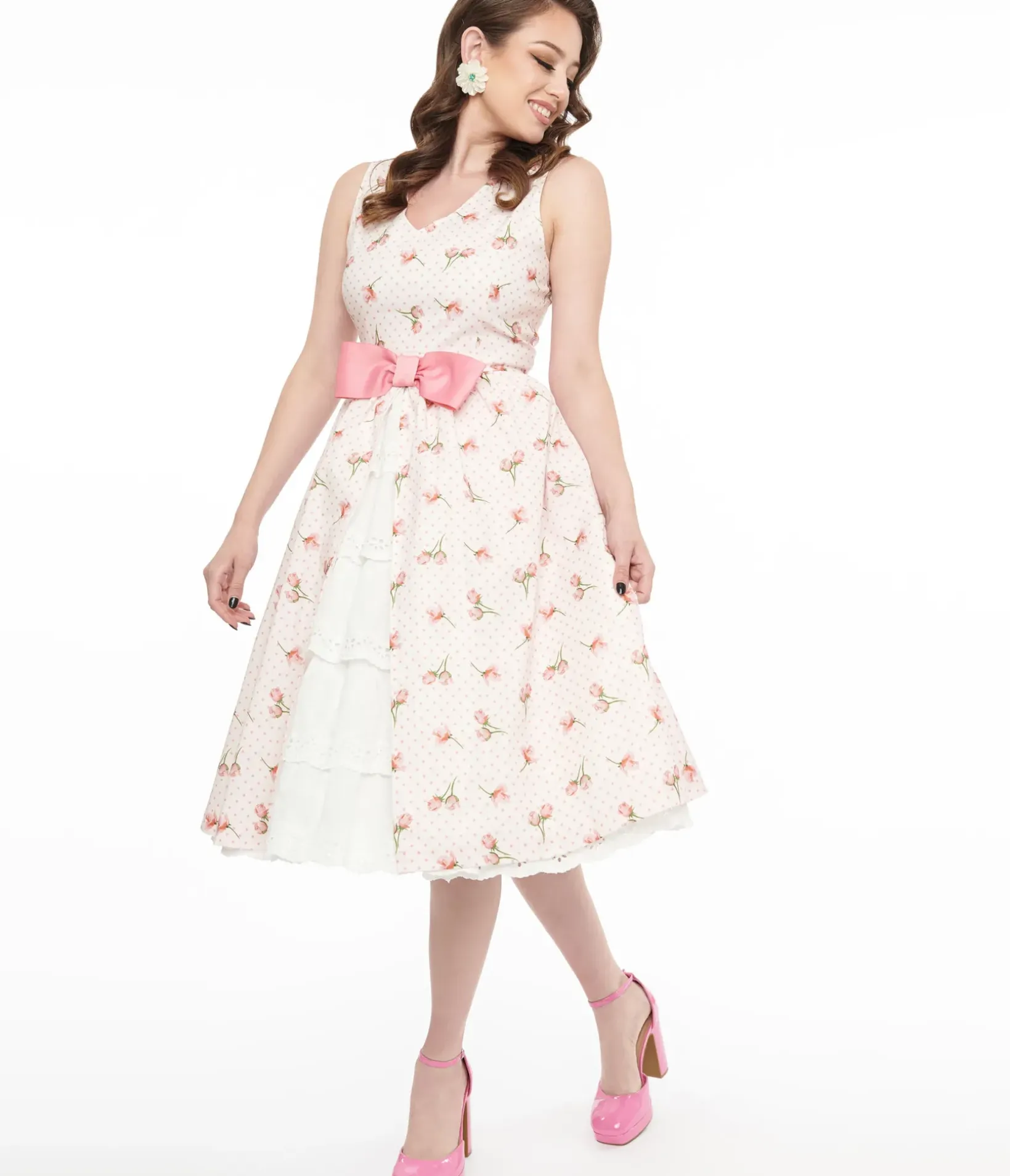 Unique Vintage Swing|Everyday Dresses>Barbie x 1960s Pink Rosebud Garden Party Swing Dress