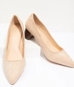 Unique Vintage Heels>Beige Suede Pointed Toe Stacked Heels