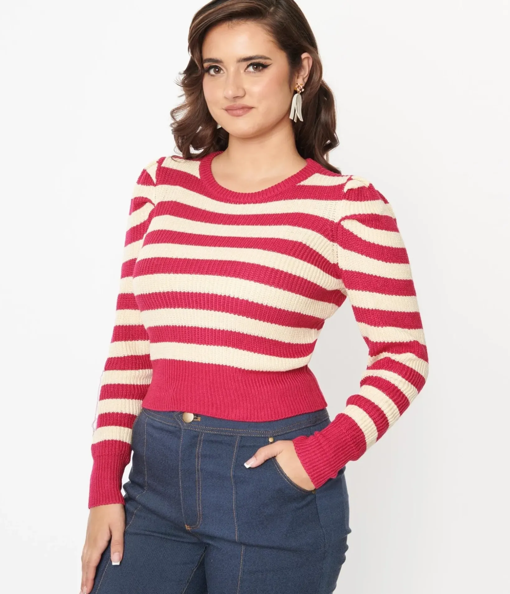 Unique Vintage Sweaters & Cardigans|All Things Pink>Berry Pink & Cream Stripe Sweater