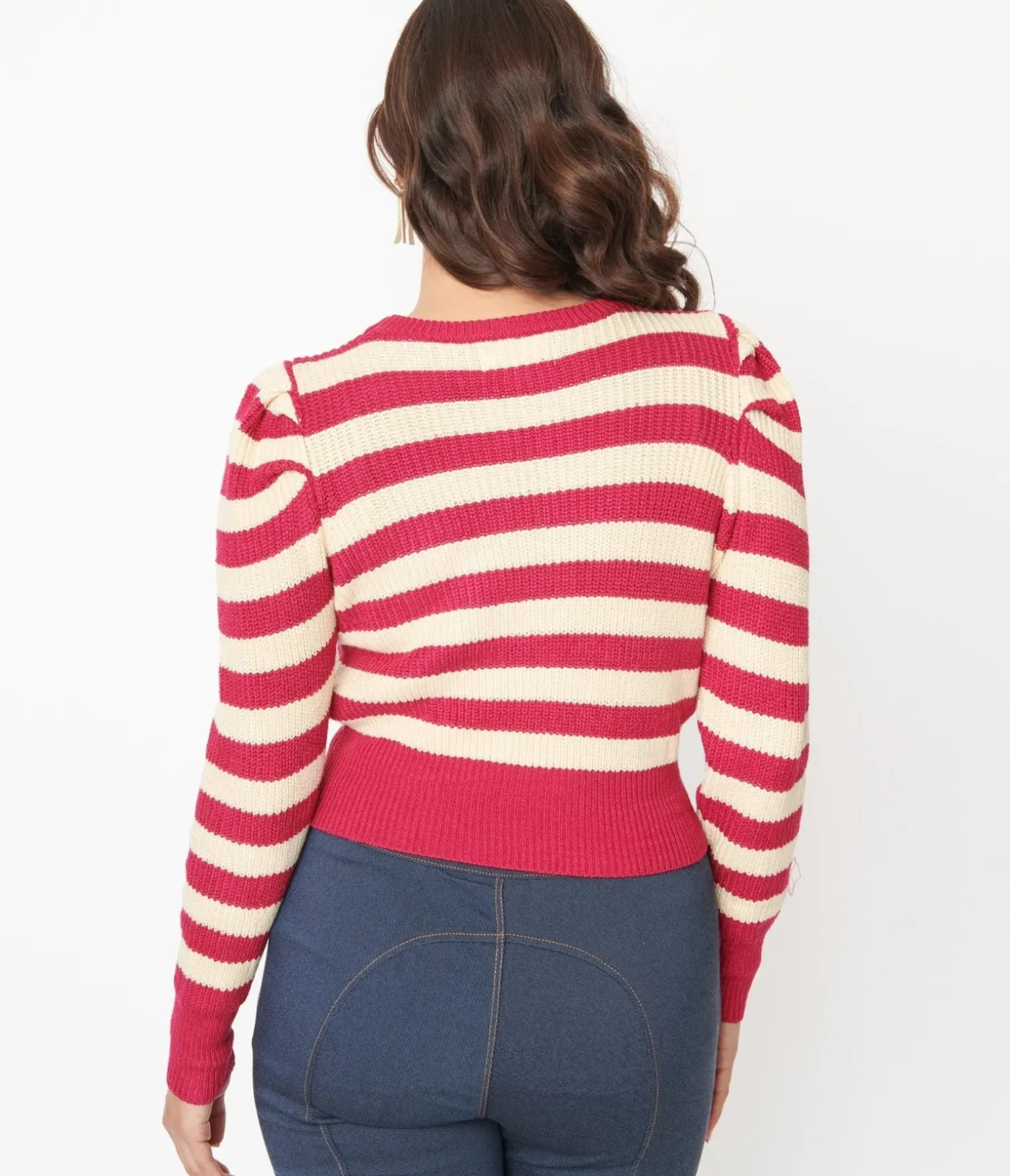 Unique Vintage Sweaters & Cardigans|All Things Pink>Berry Pink & Cream Stripe Sweater
