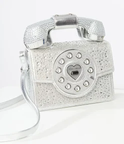 Unique Vintage Novelty Bags>Betsey Johnson Silver Rhinestone Phone Handbag