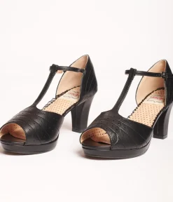 Unique Vintage Special Occasion|Heels>Bettie Page Black Leatherette Frannie Peep Toe Heels