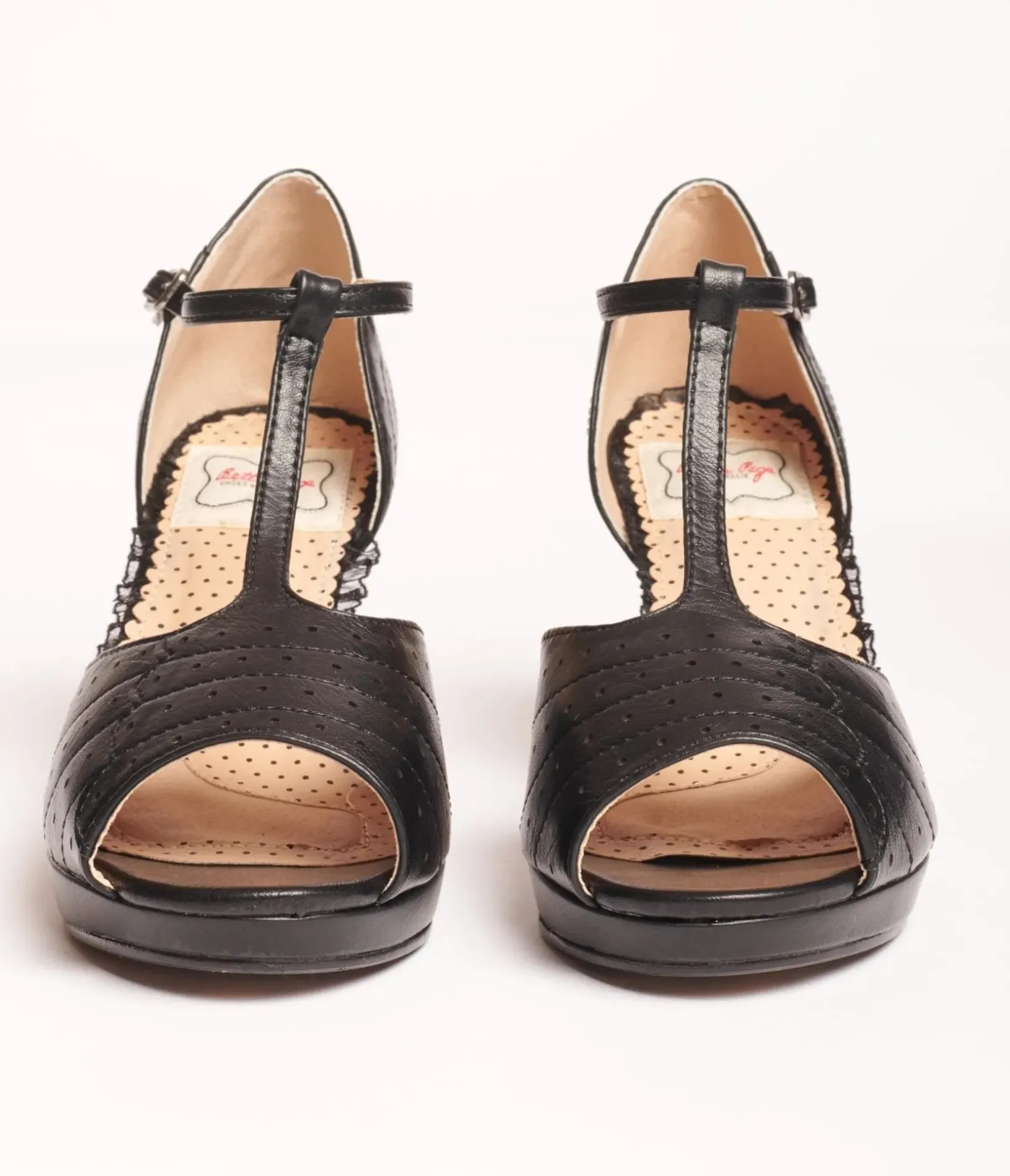 Unique Vintage Special Occasion|Heels>Bettie Page Black Leatherette Frannie Peep Toe Heels