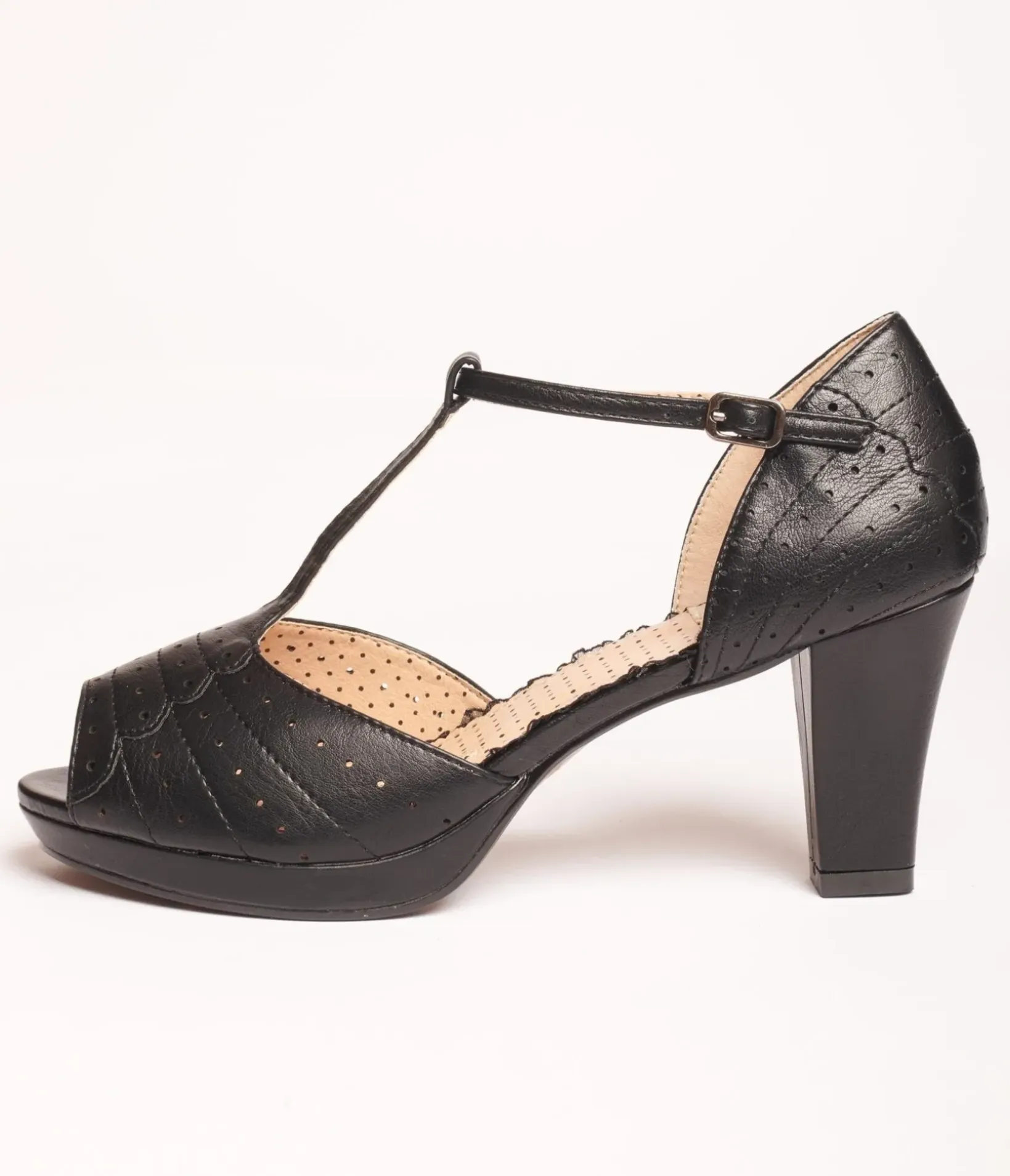 Unique Vintage Special Occasion|Heels>Bettie Page Black Leatherette Frannie Peep Toe Heels