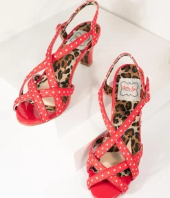 Unique Vintage Heels|All Things Red>Bettie Page Retro Red & White Polka Dot Peep Toe Gracie Heels