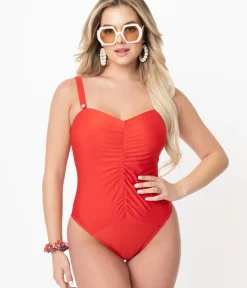Unique Vintage One Piece Swim|All Things Red>Bettie Page x Playful Promises Honey Red One Piece Swimsuit