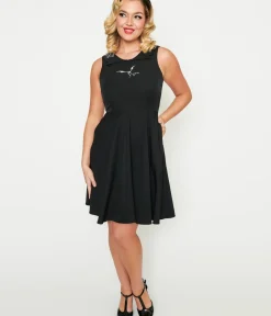 Unique Vintage Fit & Flare|Fit & Flare>Black Bat Collar Flare Dress