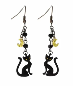 Unique Vintage Earrings>Black Cat & Moon Dangle Earrings
