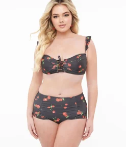 Unique Vintage Two Piece Swim|Two Piece Swim>Black & Cherry Print Two Piece Swim Set
