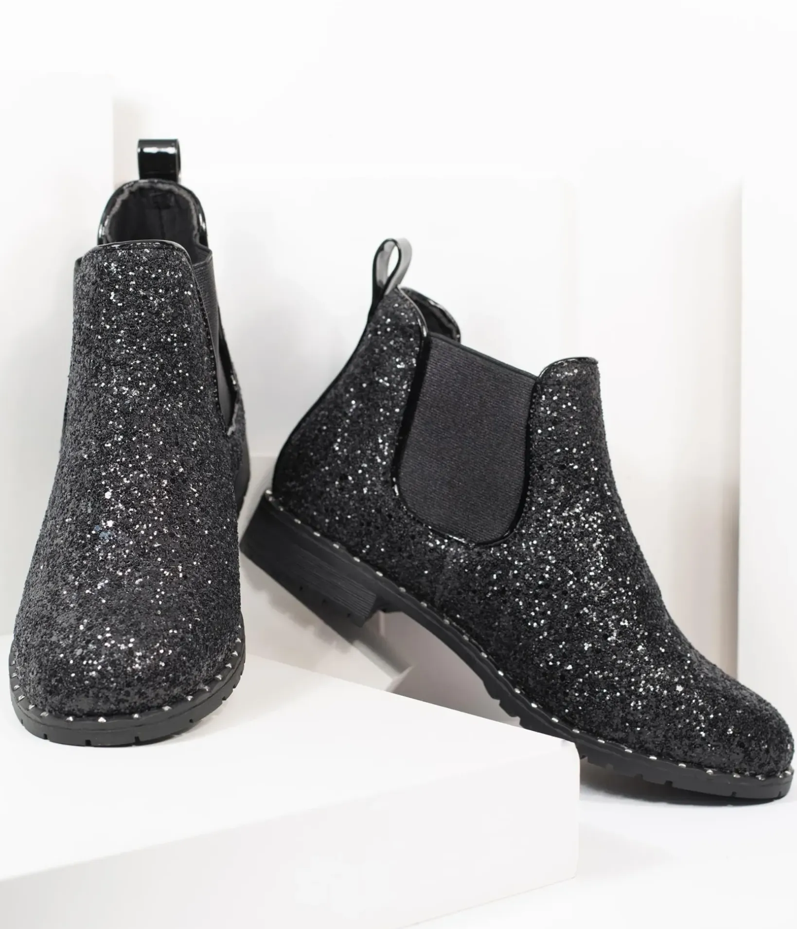 Unique Vintage Boots>Black Chunky Glitter Chelsea Boot