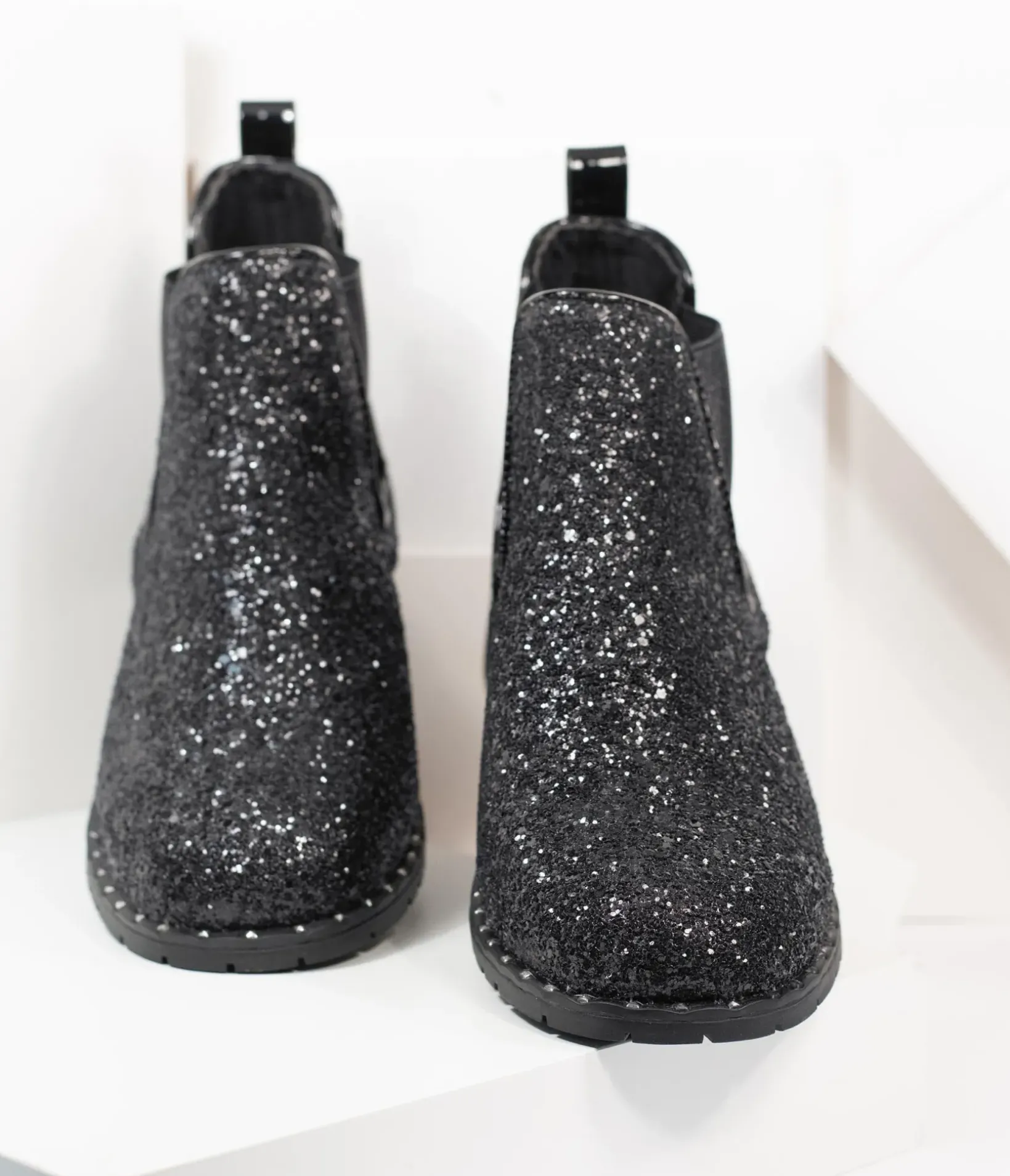Unique Vintage Boots>Black Chunky Glitter Chelsea Boot