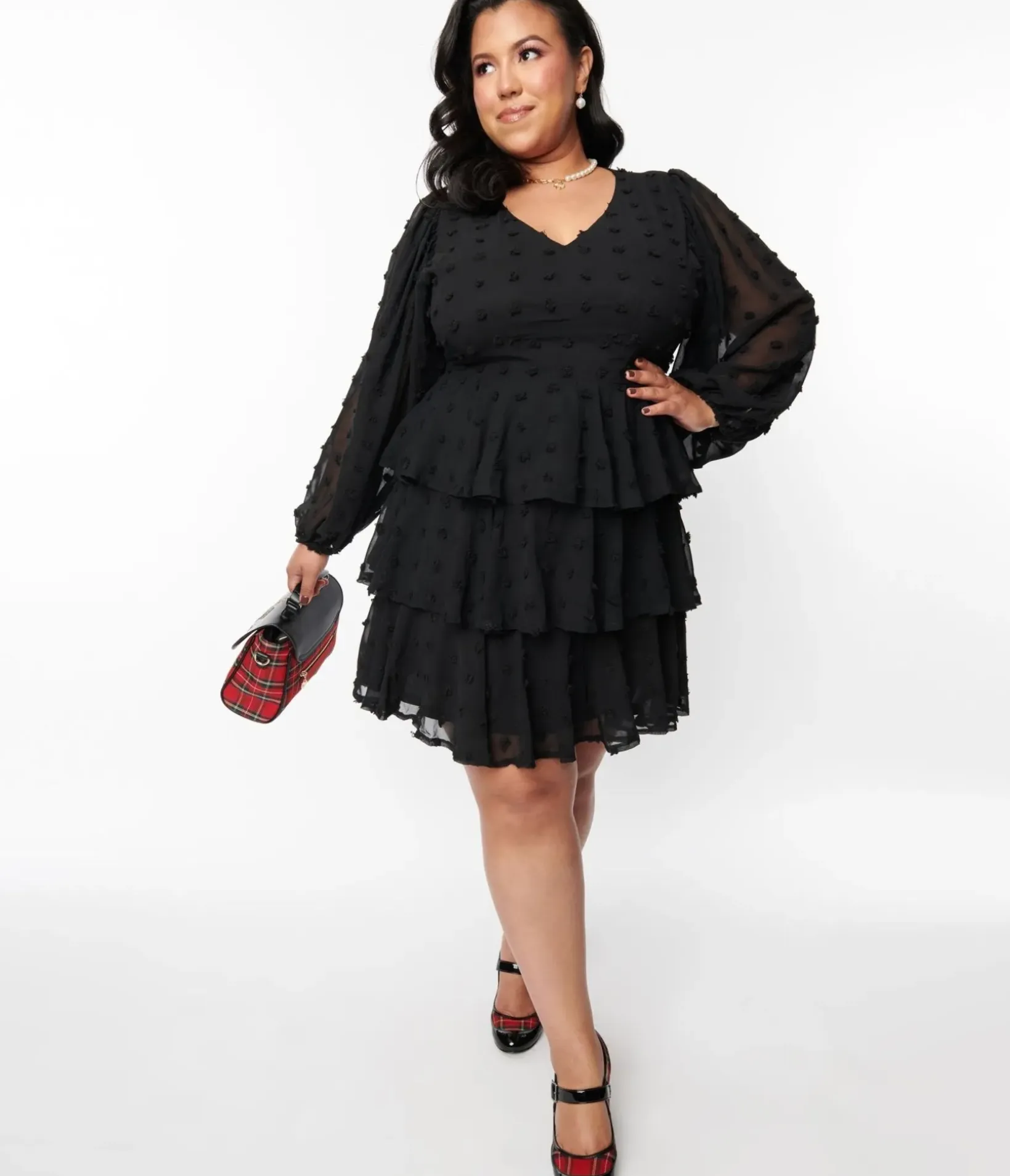 Unique Vintage Fit & Flare|Fit & Flare>Black Clip Dot Ruffle Tiered Fit & Flare Dress