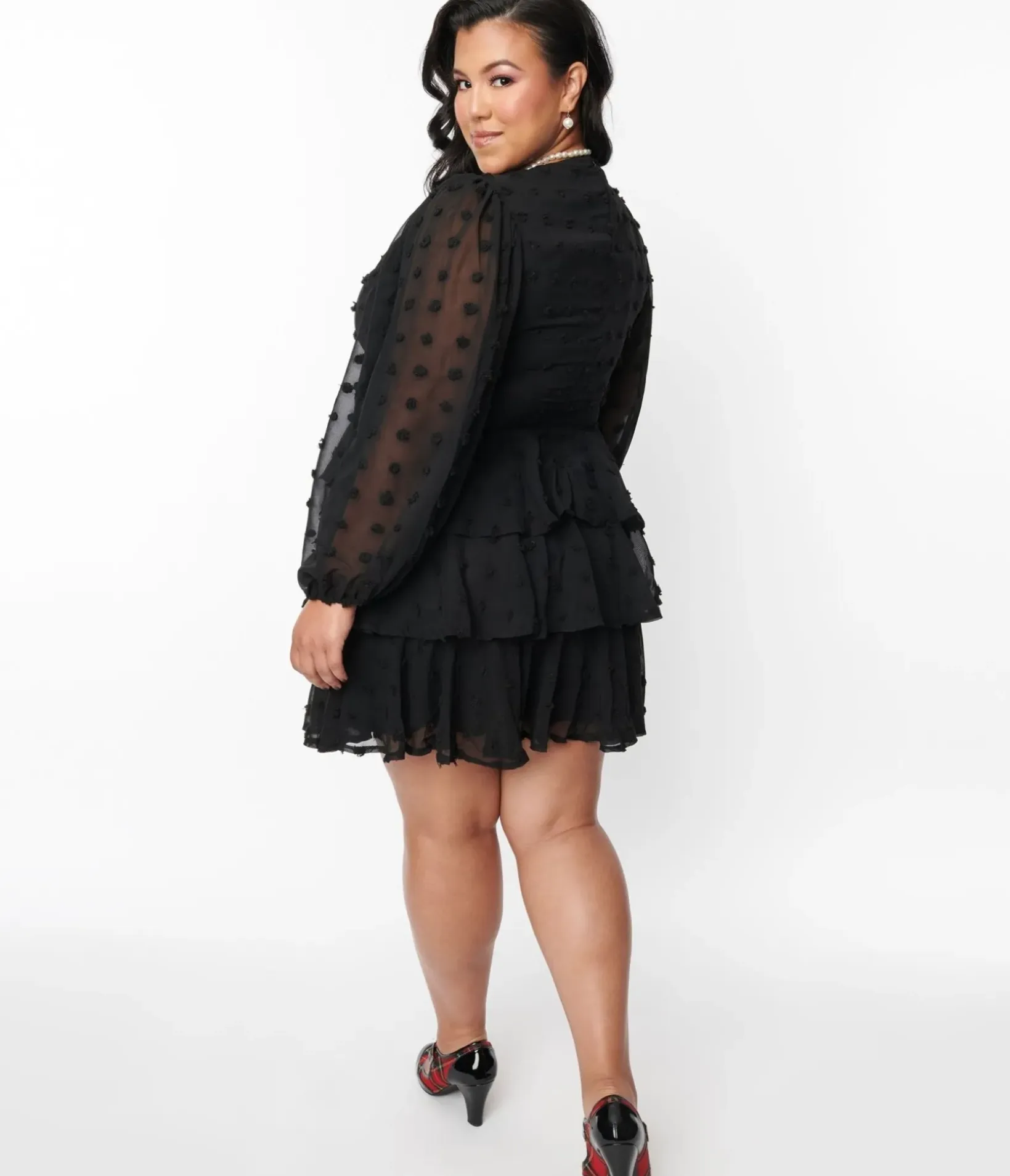 Unique Vintage Fit & Flare|Fit & Flare>Black Clip Dot Ruffle Tiered Fit & Flare Dress