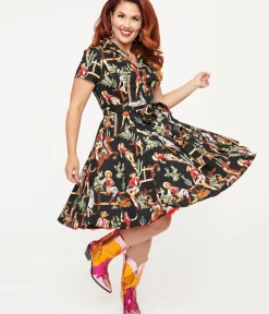 Unique Vintage Swing|Swing>Black & Cowgirl Print Swing Shirt Dress