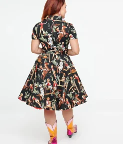 Unique Vintage Swing|Swing>Black & Cowgirl Print Swing Shirt Dress