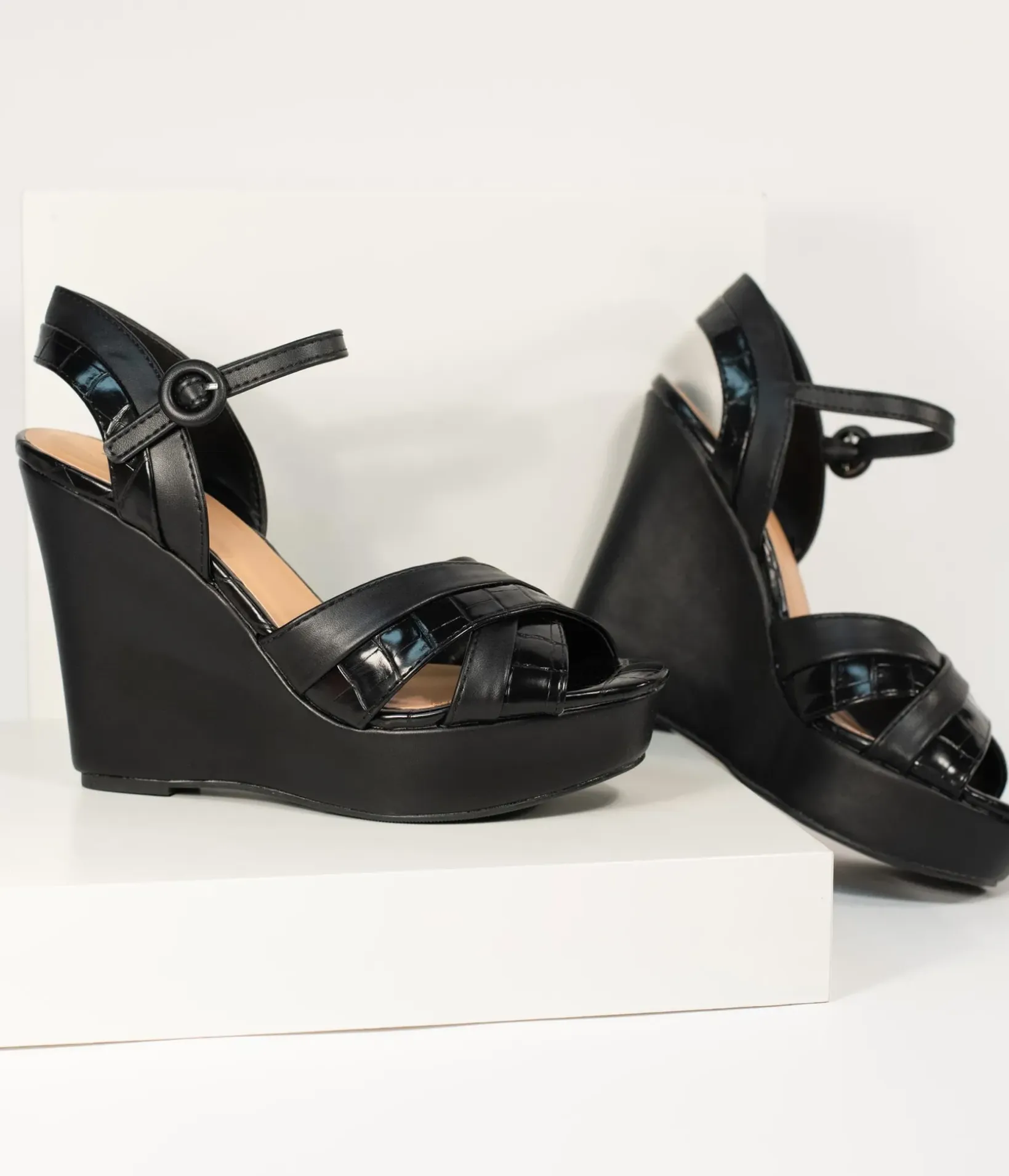 Unique Vintage Heels|Wedges>Black Crocodile Embossed Cross Wedge Sandals