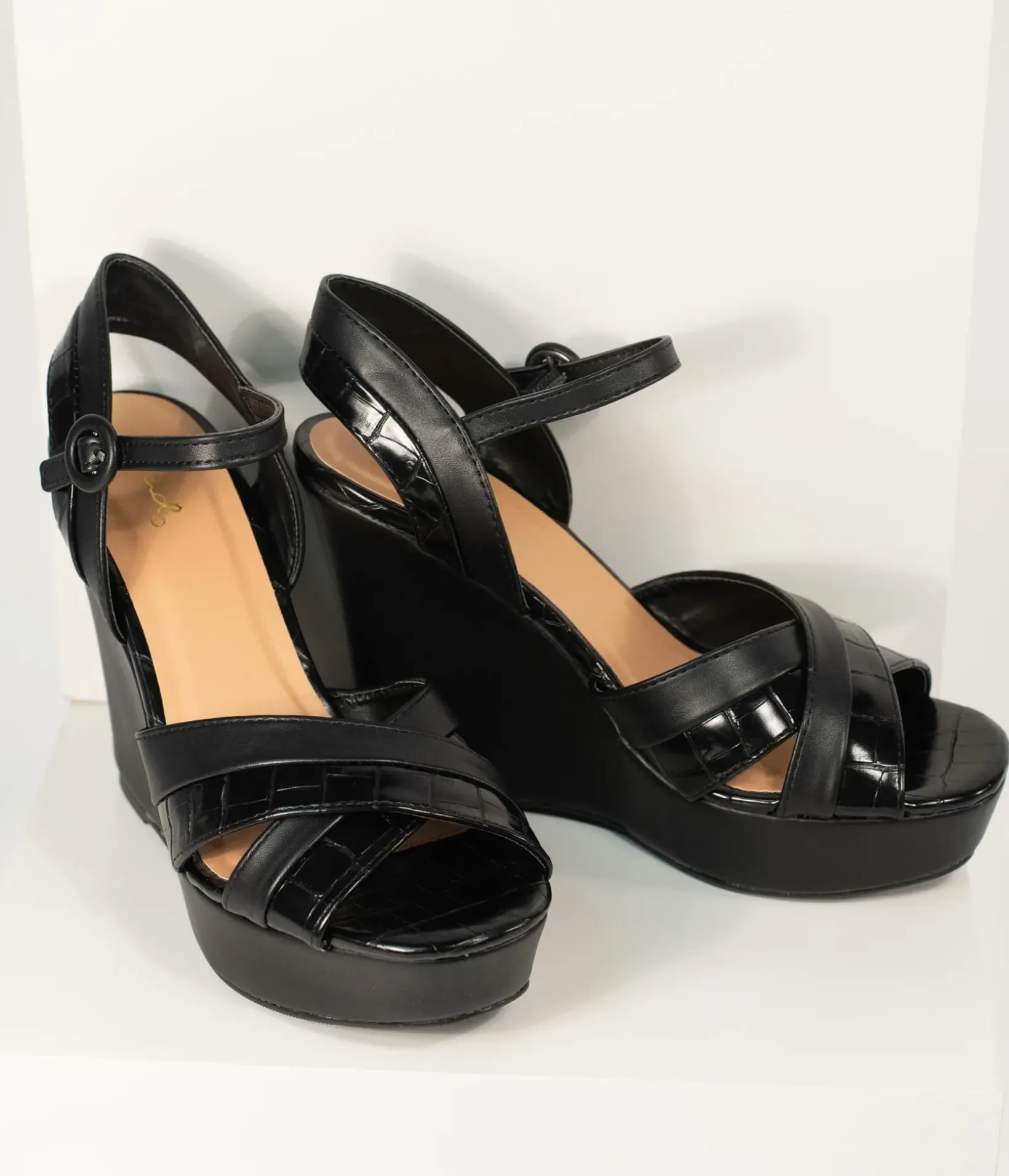 Unique Vintage Heels|Wedges>Black Crocodile Embossed Cross Wedge Sandals
